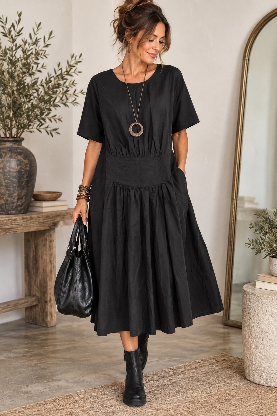 eShakti Custom Black Lagenlook Drop Waist Fit & Flare Midi Dress Cotton Stretch
